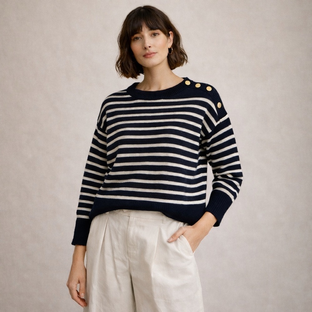 Magaschoni Nautical Stripe Sweater Navy Ivory Gold Buttons Size M